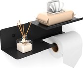 Toiletrolhouder met Dubbele Plank - Opbergruimte voor Vochtige Doekjes - 30 x 10 cm Toiletrolhouder - Zwart - Geschikt voor Boren en Zelfklevend - Voor Badkamer en Keuken