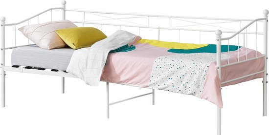 Slaapbank Christabella - Eenpersoonsbed - 90x200 cm - Wit - Staal - Modern design