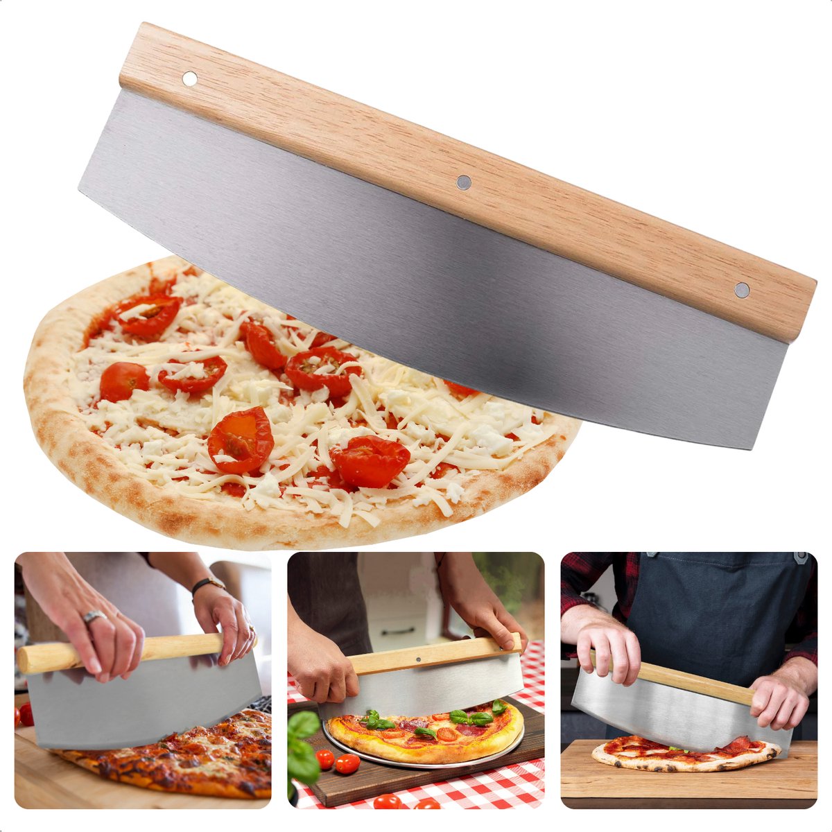Cheqo® Pizzasnijder - Pizzames - Wiegmes - RVS - Rubberhout Handvat - 35x10.3x2cm - Makkelijk Schoon te Maken