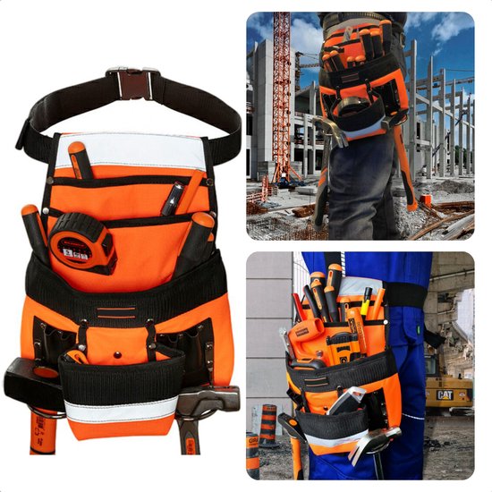 Cheqo® Robust Tool Holster - Ceinture de travail - Ceintures à outils - Polyester 600D - 2 bandes réfléchissantes - Rivets métalliques - Ceinture de travail en nylon de 135 cm - Capacité de charge de 12,5 kg