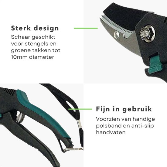 Zwarte snoeischaar met groene accenten en polsband. Metalen mes.