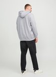 Man kijkt naar rechts, draagt een grijze hoodie met capuchon en zwarte jeans.