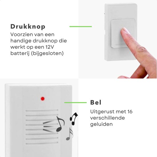 Draadloze Deurbel - 16 Geluiden - 30m Bereik - 14x9,5x4cm - Op Batterijen - Inclusief EBOOK — afbeelding 4