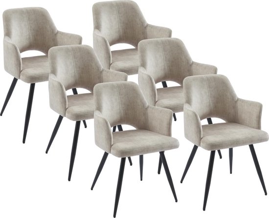 Set van 6 stoelen met armleuningen van stof en zwart metaal - Beige - KADIJA L 54 cm x H 85 cm x D 59 cm