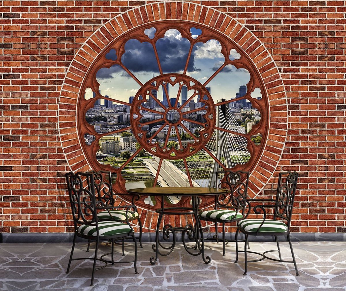 Fotobehang - Vlies Behang - 3D Uitzicht op de Stad door Rond Raam - 312 ...