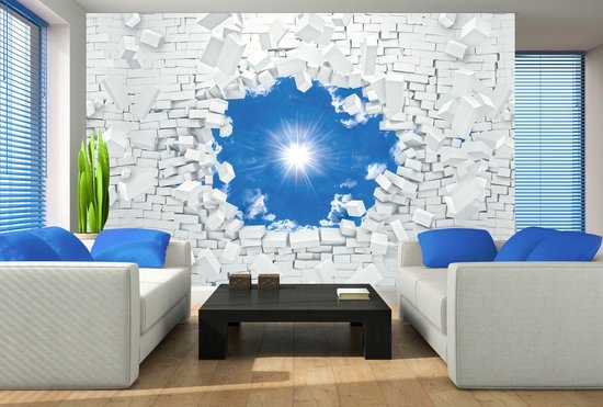 Fotobehang - Vlies Behang - De Zon en de Blauwe Lucht door Gebroken Muur 3D - 254 x 184 cm