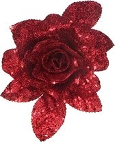 Cosy & Trendy Kerstboomversiering bloem op clip rode glitter roos 15 cm - kerstboom decoratie - rode kerstversieringen