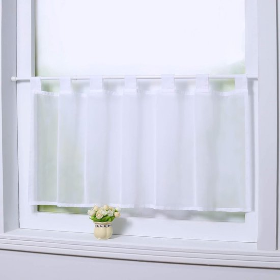 LinTimes vitragegordijn met lussen, korte gordijnroede, voile, bistrogordijn voor de keuken, wit, 45 * 90 cm, 1 stuk
