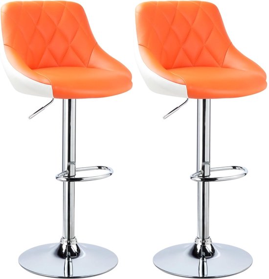 Tabourets de bar Gustavo - Avec dossier - Simili cuir - Set de 2 - Cuisine - Chaises de bar ergonomiques - Oranje - Réglable en hauteur - Hauteur d'assise 60-82cm