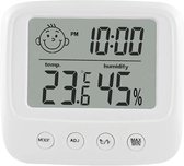 Fako Bijoux® - Hygrometer - Weerstation - Luchtvochtigheidsmeter - Thermometer Voor Binnen - Klok - Alarmklok - 86x78x23mm - Incl. Batterijen - Wit