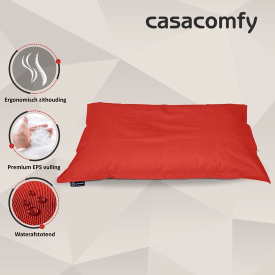 Rode zitzak met casacomfy logo en drie iconen: ergonomische zithouding, premium EPS vulling, waterafstotend.