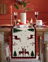 Kerst Decoratie - Kerst - Kerst Tafelloper - Tafelkleed - Linnen - Rendier met Raster motief - Afmetingen 180x30cm
