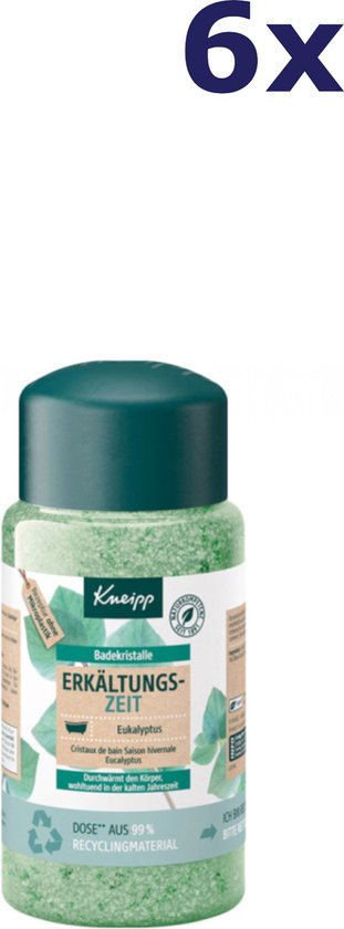 6x fles groen Kneipp badzout met eucalyptus. Tekst: Kneipp Badekristalle Erkältungs-Zeit.