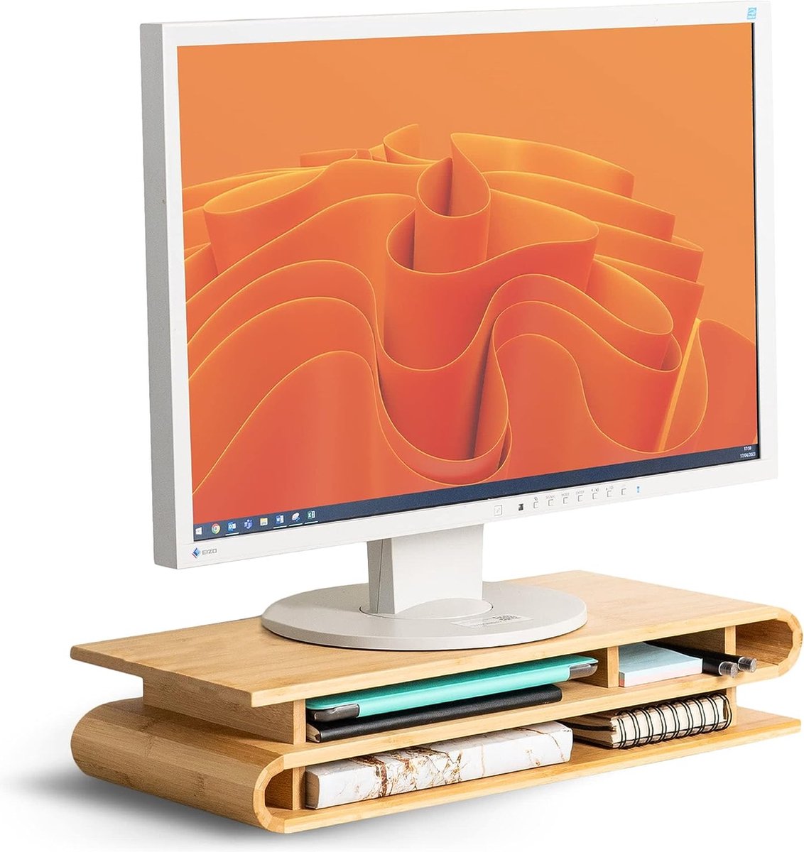 Monitor Standaard van Bamboe - Gebogen Monitor Standaard voor Bureau zonder montage - Laptop Stand Hout voor Computer, Macbook, Notebook en TV