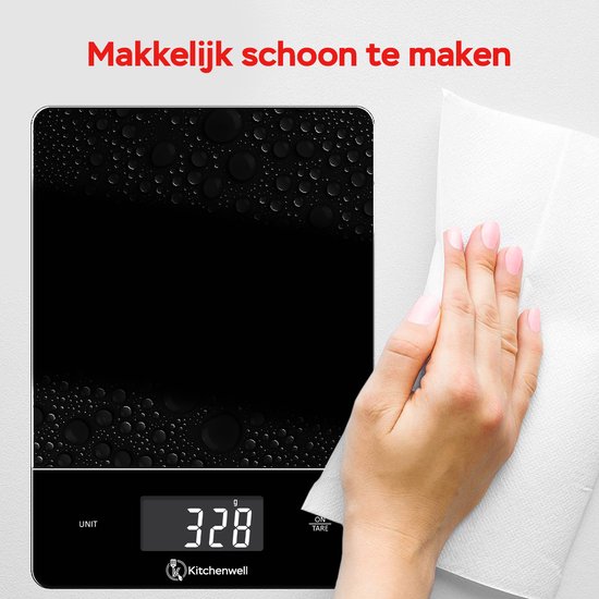 Kitchenwell Digitale Precisie Keukenweegschaal – Weegschaal Keuken - 1gr - 15kg – Tarra Functie - USB Oplaadbaar - Zwart
