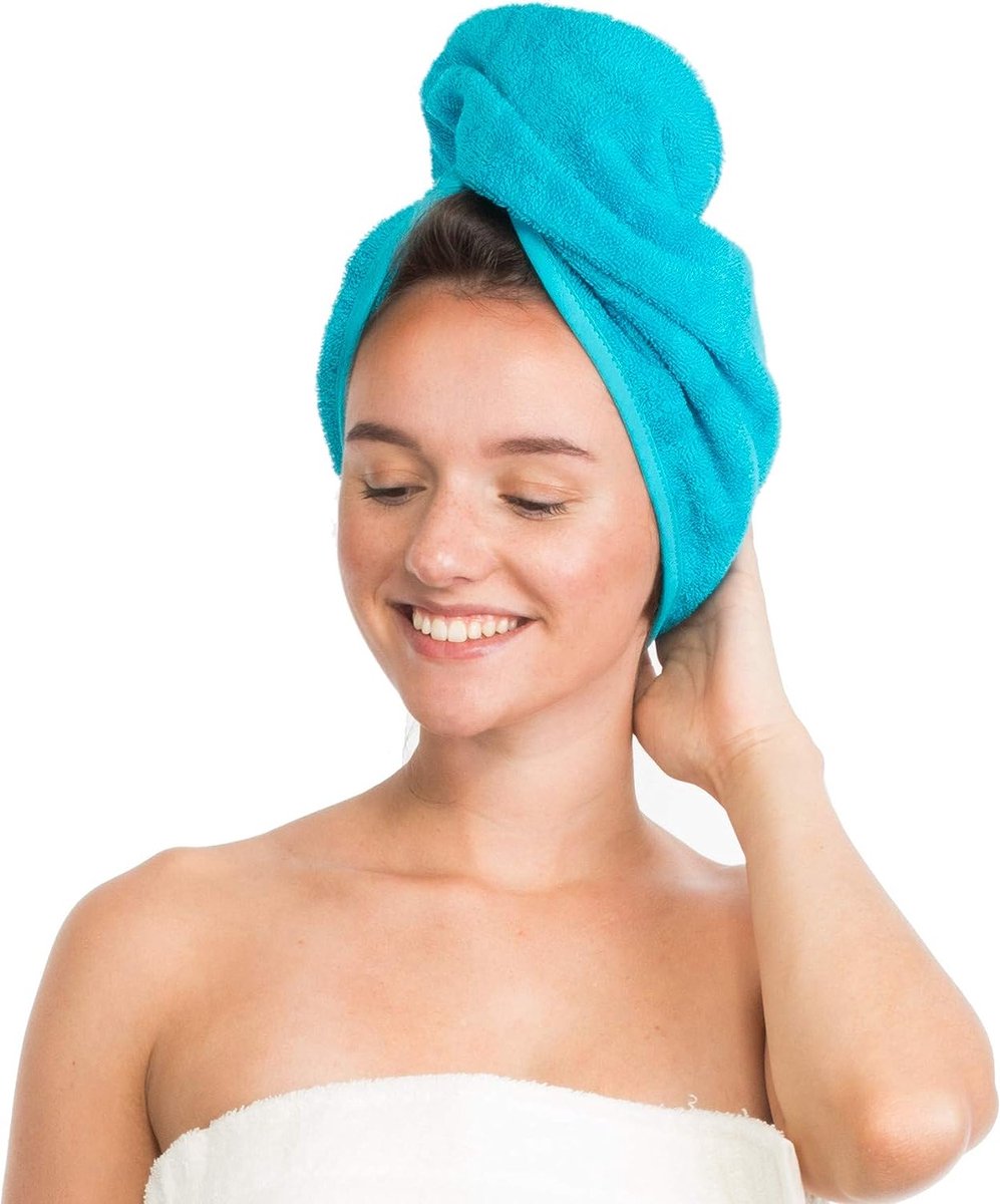 Haartulband, haardroogdoek, hoofddoek, haarmuts, handdoek met knoop, 100% katoen, turquoise