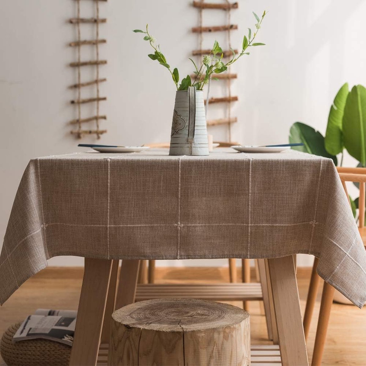 Katoenen linnen tafelkleed voor rechthoekige tafels solide rasterborduurwerk tafelkleed voor keuken eettafel decoratie (135x300 cm, kaki)