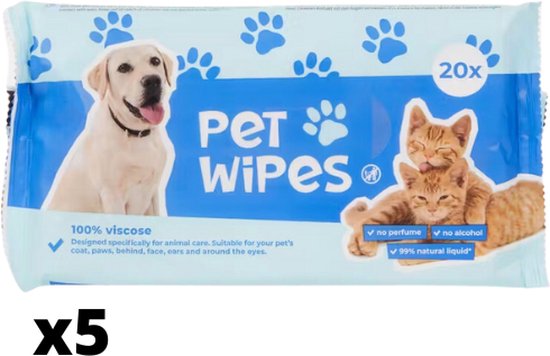 Pet cleaning wipes - 5 pakken - vochtige schoonmaakdoekjes voor honden of katten - Reinigingsdoekjes voor dieren - doekjes - Merkloos