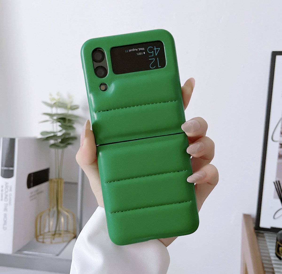 REBUS-hoes voor Samsung Galaxy Z Flip 3, puffer [polycarbonaat + eco-lederen hoes], beschermende hoes verkrijgbaar in verschillende kleuren (Green)