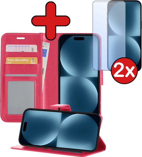 Hoesje Geschikt voor iPhone 15 Pro Max Hoesje Book Case Hoes Portemonnee Cover Walletcase Met 2x Screenprotector - Hoes Geschikt voor iPhone 15 Pro Max Hoes Bookcase Hoesje - Donkerroze