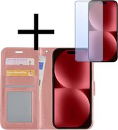 Hoes Geschikt voor iPhone 15 Hoesje Book Case Hoes Flip Cover Wallet Bookcase Met Screenprotector - Rosé goud