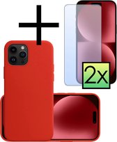 Hoes Geschikt voor iPhone 15 Pro Max Hoesje Cover Siliconen Back Case Hoes Met 2x Screenprotector - Rood