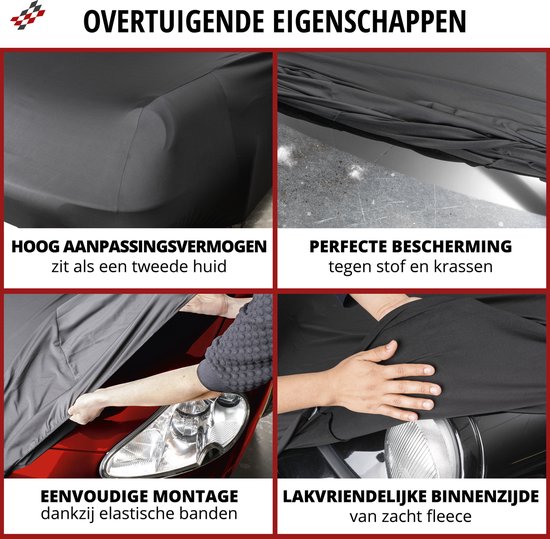 Een donkergrijze autoverdek met vier panelen die de pasvorm, bescherming, montage en binnenkant tonen.