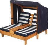 houten ligstoel voor 2 kinderen met bekerhouders, tuinmeubilair voor kinderen, marineblauw en wit
