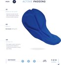 Blauw fietsbroekzeel met 'Active Padding' en 'Dual density'.