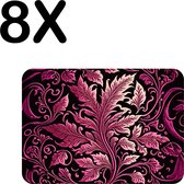 BWK Flexibele Placemat - Roze Bloemen Kunst op Zwarte Achtergrond - Set van 8 Placemats - 40x30 cm - PVC Doek - Afneembaar