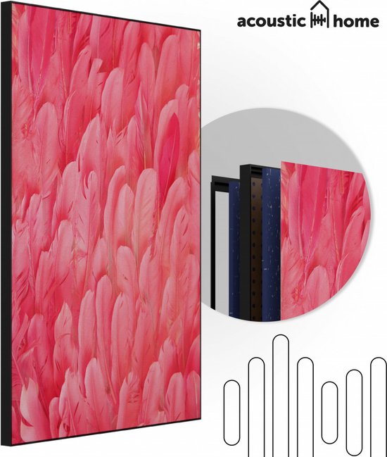 Akoestische panelen - Geluidsisolatie - Akoestische wandpanelen - Akoestisch schilderij AcousticPro® - paneel met roze flamingo veren - design 364 - Premium - 90x130 - zwart- Wanddecoratie - woonkamer - geluidsdemper - studio schuim