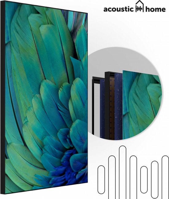 Akoestische panelen - Geluidsisolatie - Akoestische wandpanelen - Akoestisch schilderij AcousticPro® - paneel met blauw-groene veren- design 366 - Premium - 80x120 - Wit- Wanddecoratie - woonkamer - geluidsdemper - studio schuim
