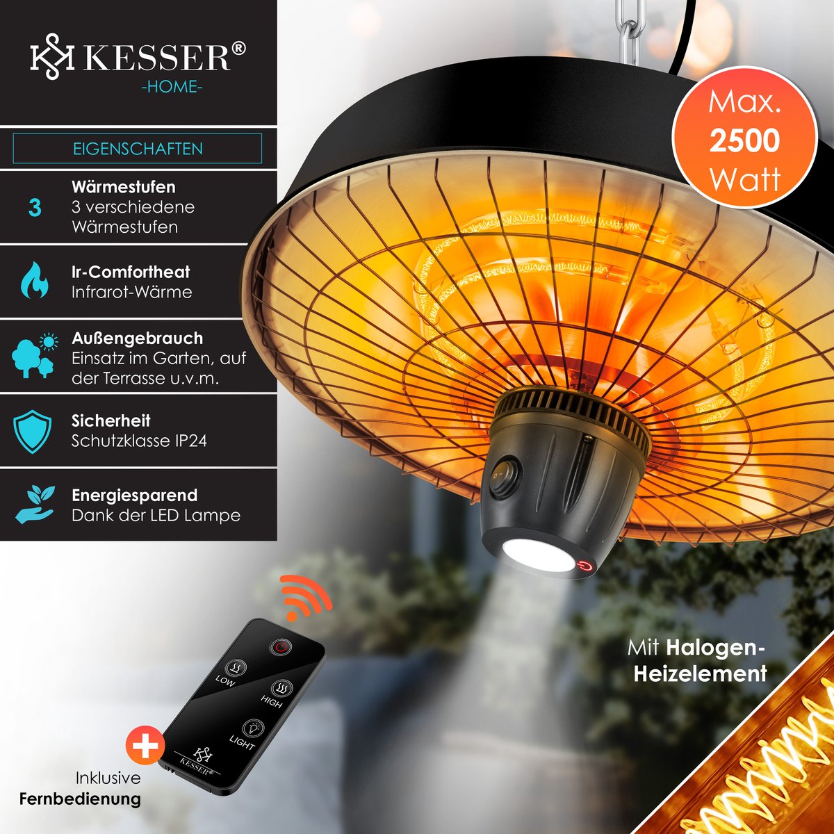 KESSER Terrasverwarmer Elektrisch 2500 W – Infrarood Heater voor Plafond en Wand, Hangende Terrasheater voor Buiten – foto 7