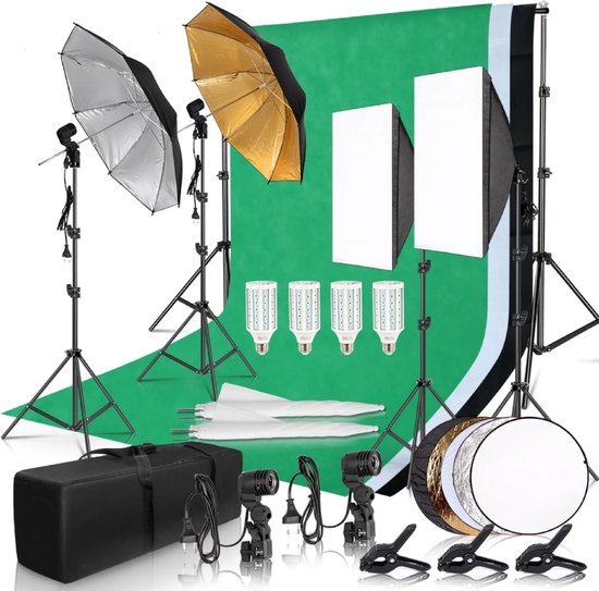 Foto: Fotostudio set fotostudio met softboxen achtergrond systeem en greenscreen reflector paraplu professionele fotostudio draagbare fotostudio productfotografie portret fotografie youtubers influencers