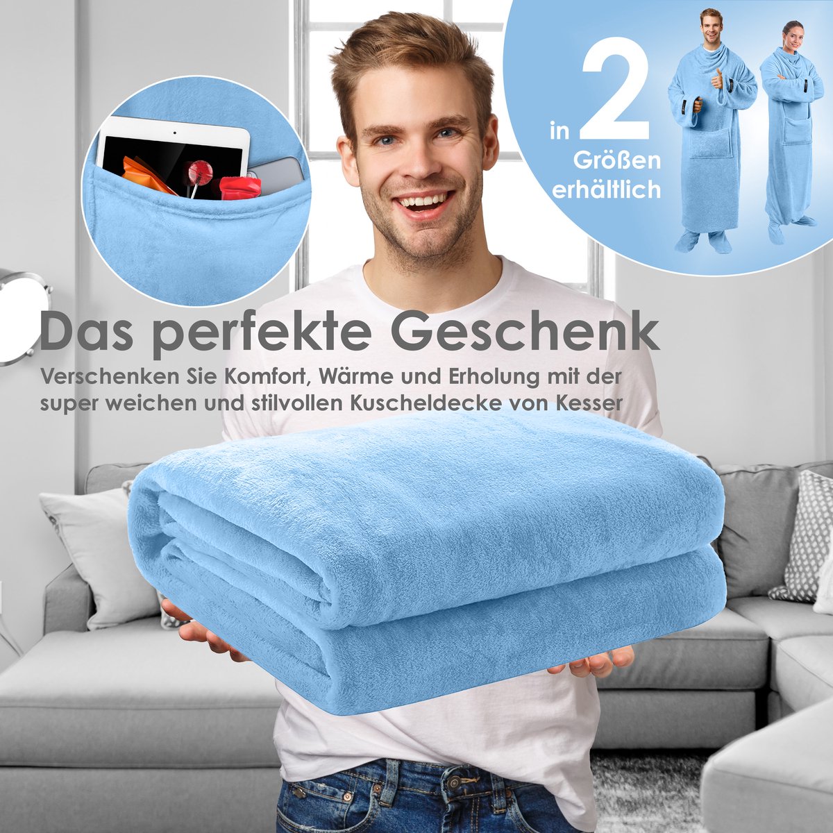 KESSER® Couverture à Capuche Avec Manches - Pull Couverture Doudoune Reversible - Unisexe