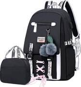 Ensemble 2 pièces de sac à dos scolaire Zwart - Port de chargement USB et compartiment ordinateur 15,6 pouces - Sac à dos pour enfants - Etanche - 20 L