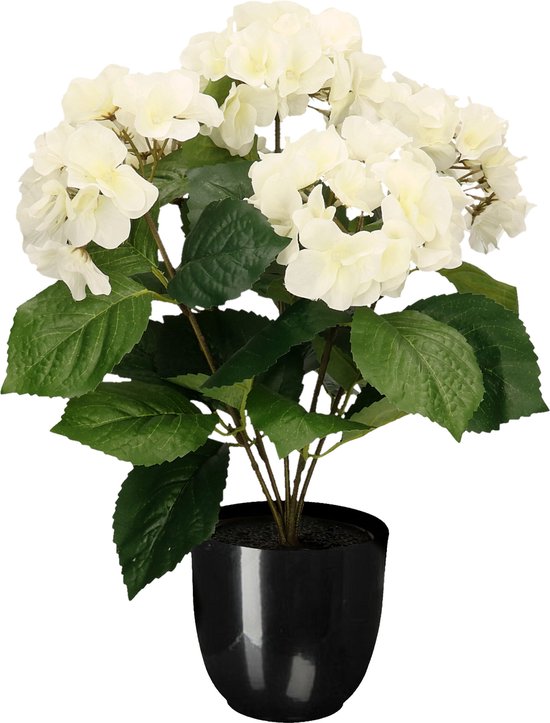Hortensia kunstplant/kunstbloemen 40 cm - wit - in pot zwart glans - Kunst kamerplant