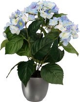 Hortensia kunstplant/kunstbloemen 40 cm - blauw - in pot metallic grijs - Kunst kamerplant