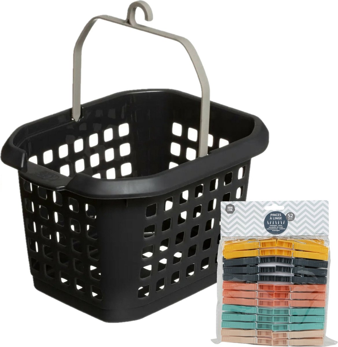 Goedkoopste Wasknijpers ophang mandje/bakje - zwart - met 52x plastic knijpers