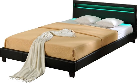 Bed Mariska - met LED verlichting - Bedbodem - 140x200 cm - Zwart - Modern Design