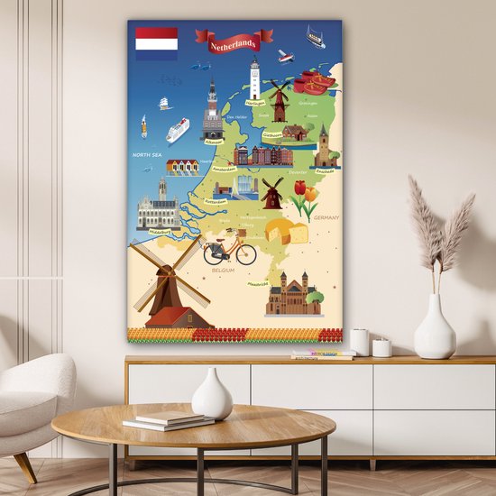 Carte des Nederland avec des vues 90x140 cm - Tirage photo sur toile (Décoration murale salon / chambre)