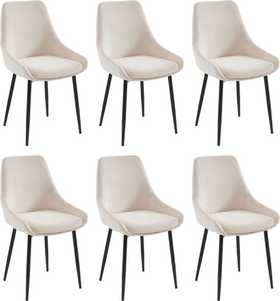 Lot de 6 chaises de Chaises de salle à manger Velours Beige dossier côtelé  - pieds