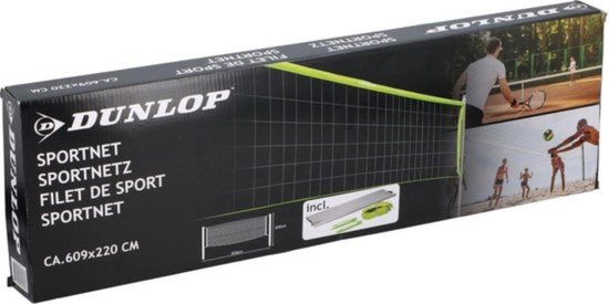 Dunlop Sportnet 609 x 220 CM - Volleybalnet - Tennisnet - Badmintonnet - Complete Set met Stokken, Net, Grondpinnen en Spanner Touwen - Multifunctioneel Inzetbaar - Groen/Zwart - Dunlop