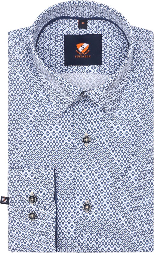 Suitable - Overhemd Print Bloemen Blauw 267-9 - Heren - Maat 40 - Slim-fit