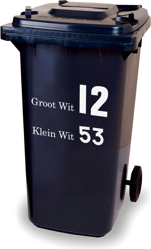 Donkerblauwe vuilnisbak met witte tekst 'Groot Wit 12' en 'Klein Wit 53'.