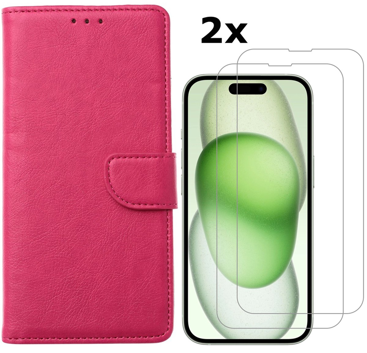Hoesje Geschikt voor iPhone 15 hoesje bookcase met 2x screenprotector – Roze