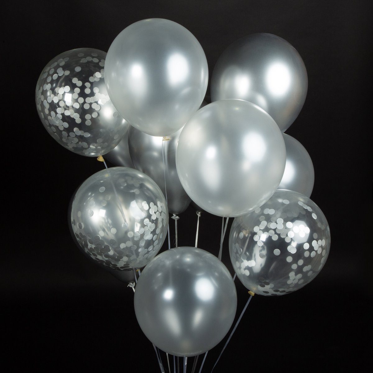 Fissaly 40 stuks Zilver, Wit & Zilveren Papieren Confetti Helium Latex Ballonnen met Accessoires – Metallic Chrome - Decoratie — afbeelding 5