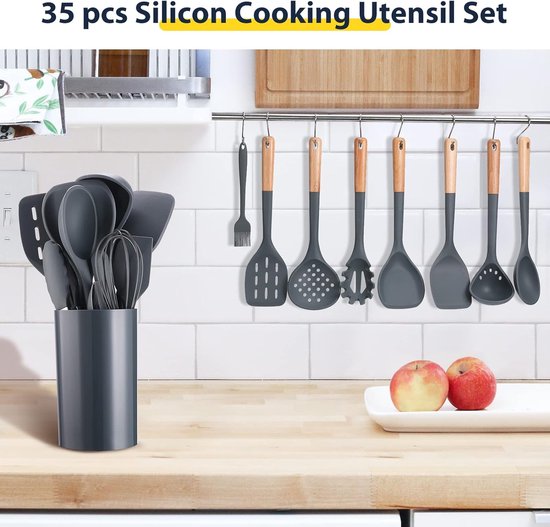 Ustensiles Cuisine YUEHAO Ustensiles De Cuisine Silicone Bois 33 Pièces,Antiadhésive Anti-Rayures Et Résistante à Ustensile Cuisine Silicone