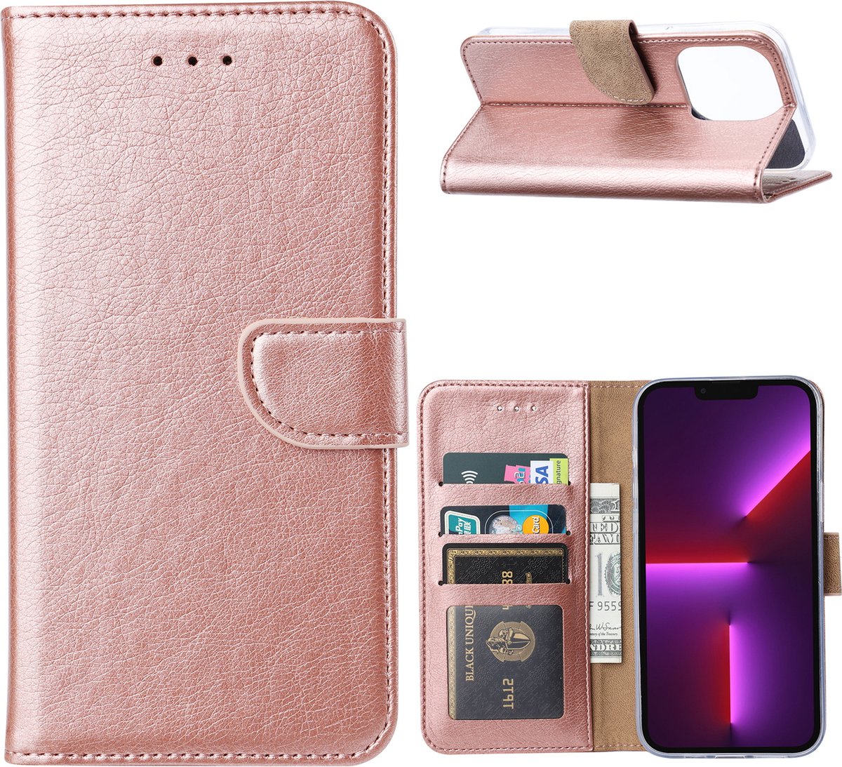 Phreeze Bookcase - Geschikt voor iPhone 15 Pro Hoesje Roze Goud - Met Pasjes Houder - Vegan Leder - Magnetische Sluiting