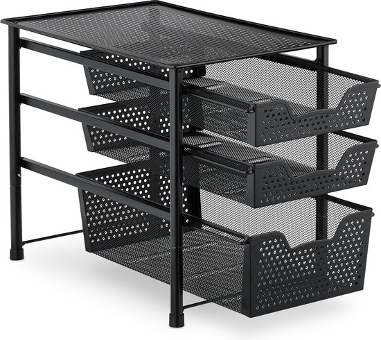 Relaxdays keuken organizer, stapelbare bureau-organizer, metaal, badkamer, schuifmand, HxBxD: 19 x 28 x 42,5 cm, zwart
